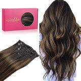 WENNALIFE Clip-in Extensions Echthaar 55 cm, Balayage Dunkelbraun bis Kastanienbraun